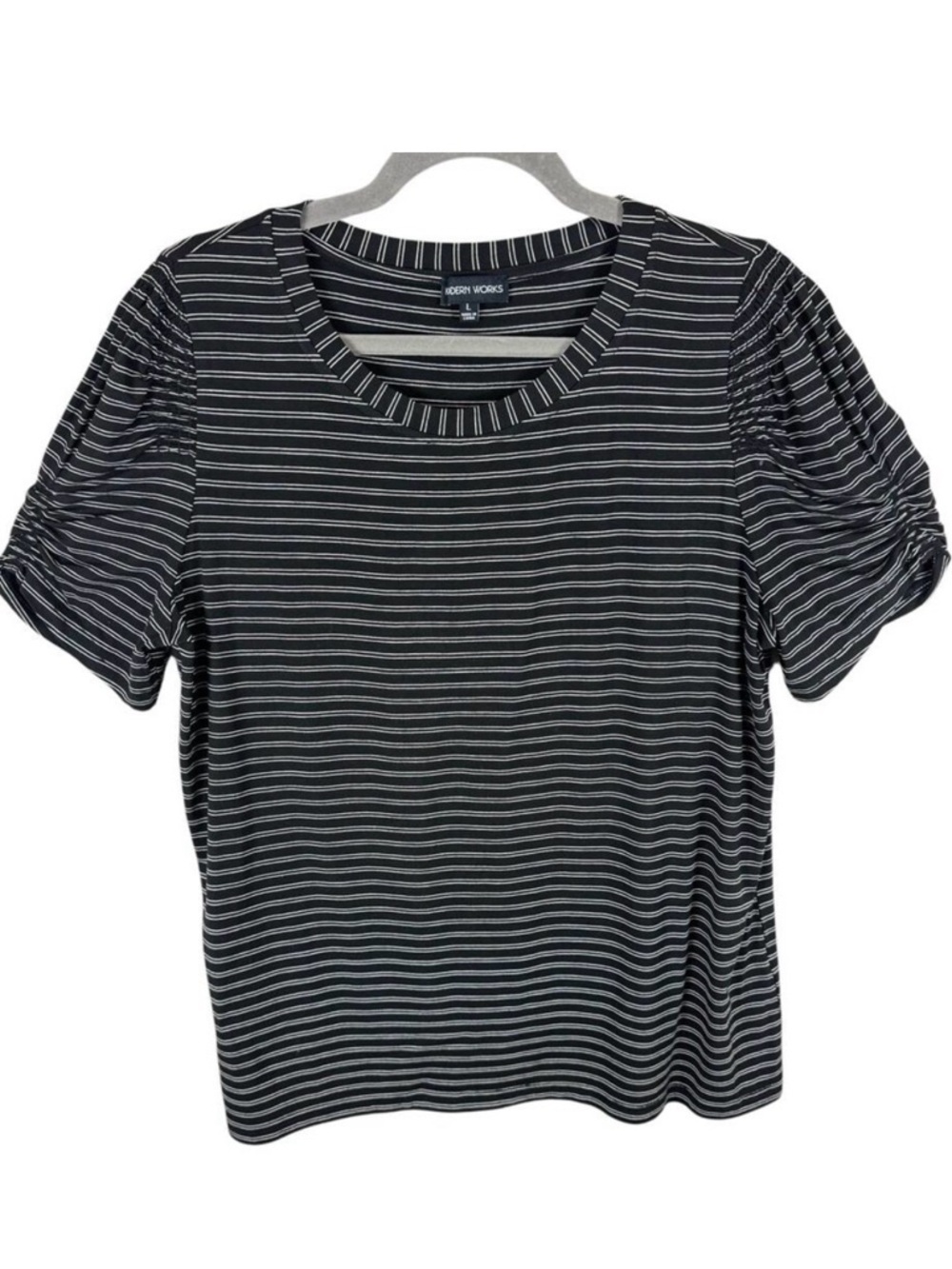 Modern Works Black White‎ Striped Short Puff Sleeve Stretchy Rayon Blouse Size L